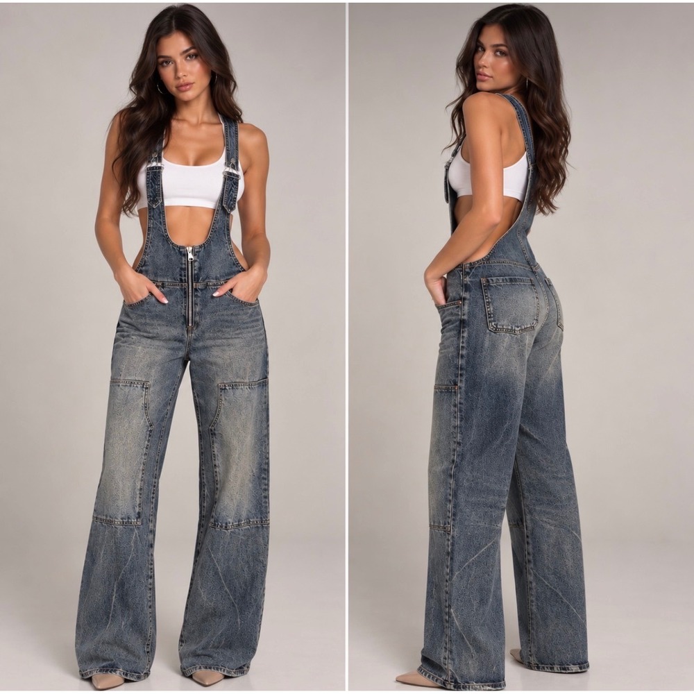 NWT ReVice The Plunge Denim Overalls 28 Baggy Wide Leg Carpenter Jumpsuit Y2K